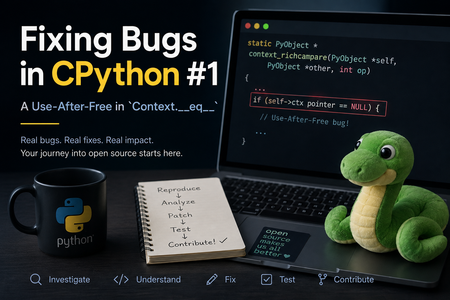 Fixing Bugs in CPython #1 - illustration of a laptop showing C code with a use-after-free warning